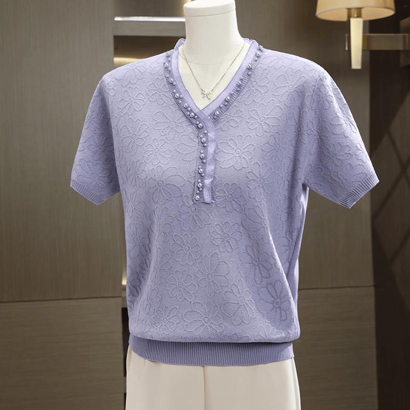 Yuzhaolin Elegant Summer V-Neck Pearl Jacquard Knit Top XL (85-155 lbs)
