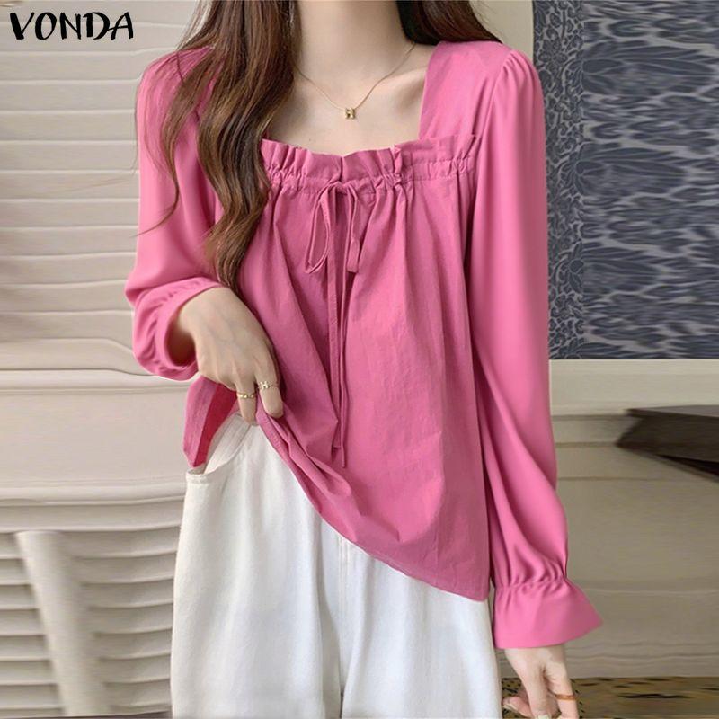 VONDA Women Square Collar Long Sleeve Lace-up Solid Elegant Blouses Tops