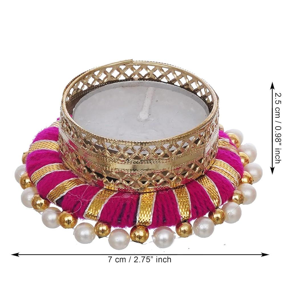 Set of 6 Pink & Golden Round Shaped Beaded Decorative Tea Light Candle Holders - Perfect for Diwali, Navratri, and Christmas Festivals