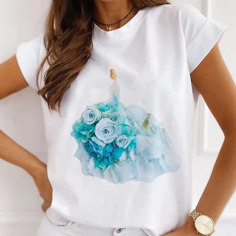 Módní kreativní 3D Rose Flower Grafika Dámské Tričko Letní halenka 90S Volný Trička s krátkým rukávem Bílý výstřih do O Dámské topy Oblečení