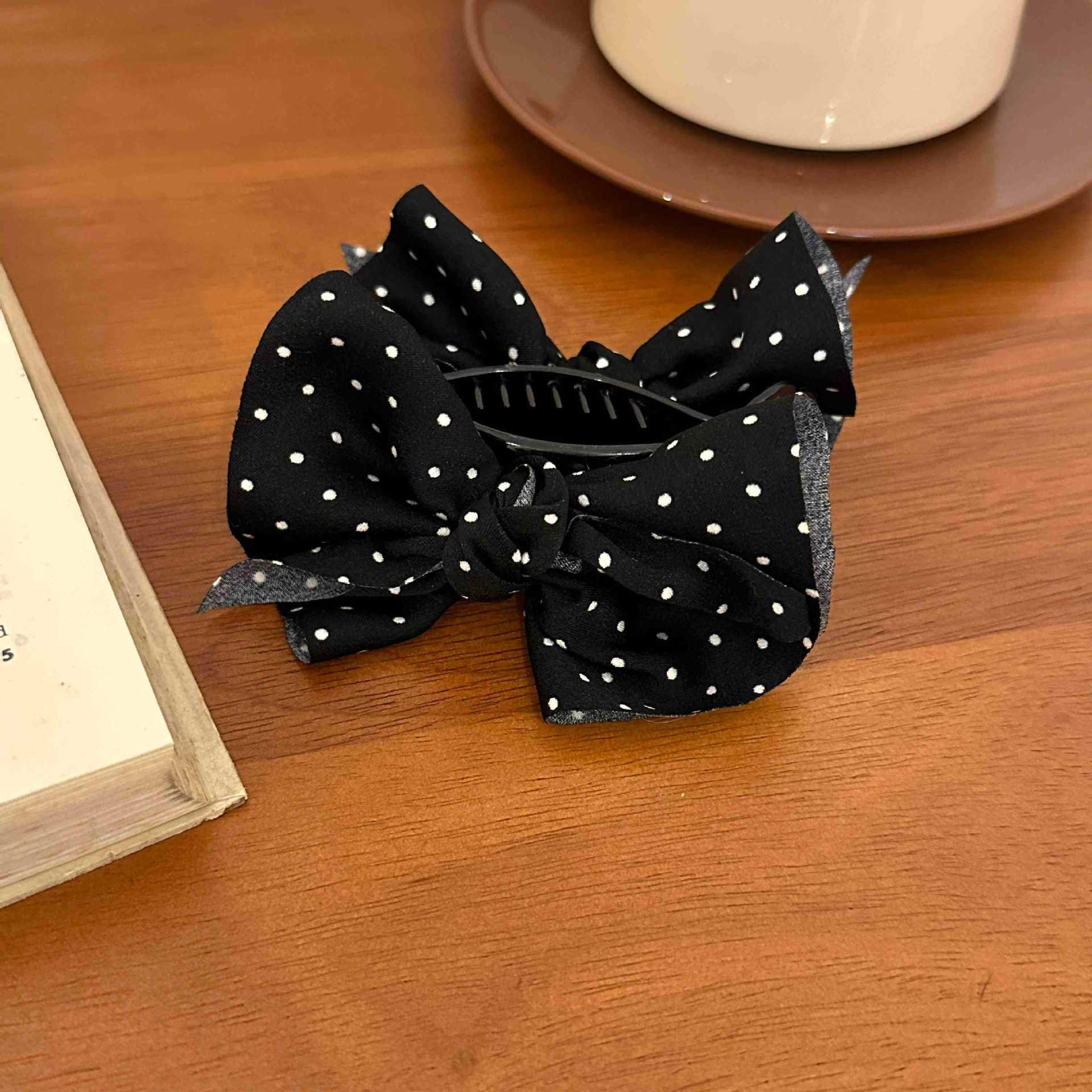 Retro Black & White Polka Dot Bow Hair Clip for Women - Elegant Updo & Ponytail Accessory