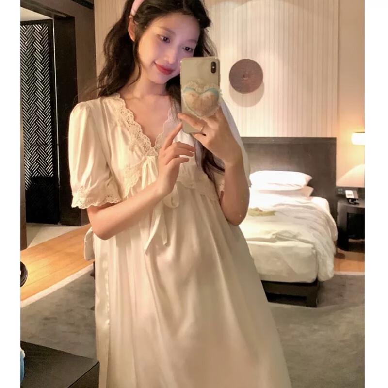 Yuzhaolin Women s French Style Lace V-Neck Long Sleeve Ice Silk Nightgown One Size