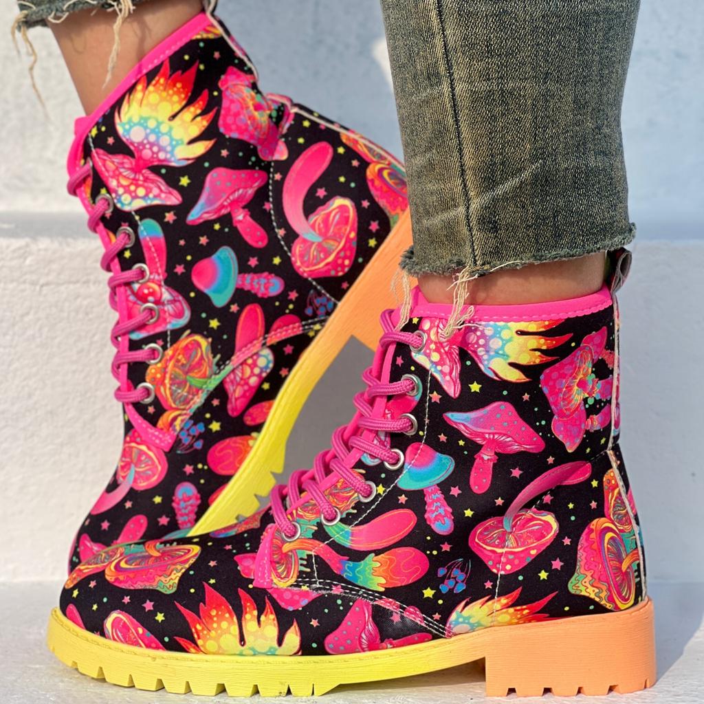 Dámské abstraktní barevné boty na masivním podpatku, Módní kotníkové boty se šněrováním, Pohodlné kotníkové boty