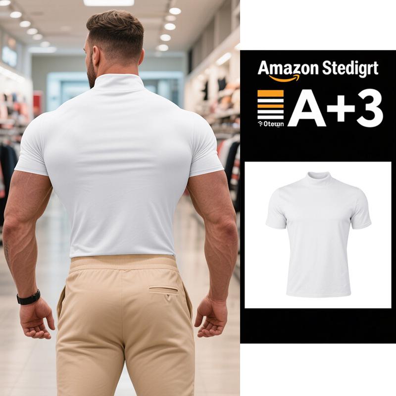 Summer New Men's Casual Semi-High Neck Slim Solid Color T-shirt - European & American Fashion.