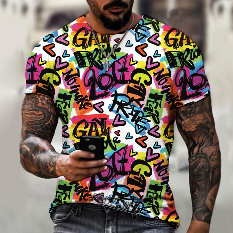 Summer Round Neck 3D Graffiti Explosive Element Print Top Fashionable Casual Short Sleeved Men's T-shirts