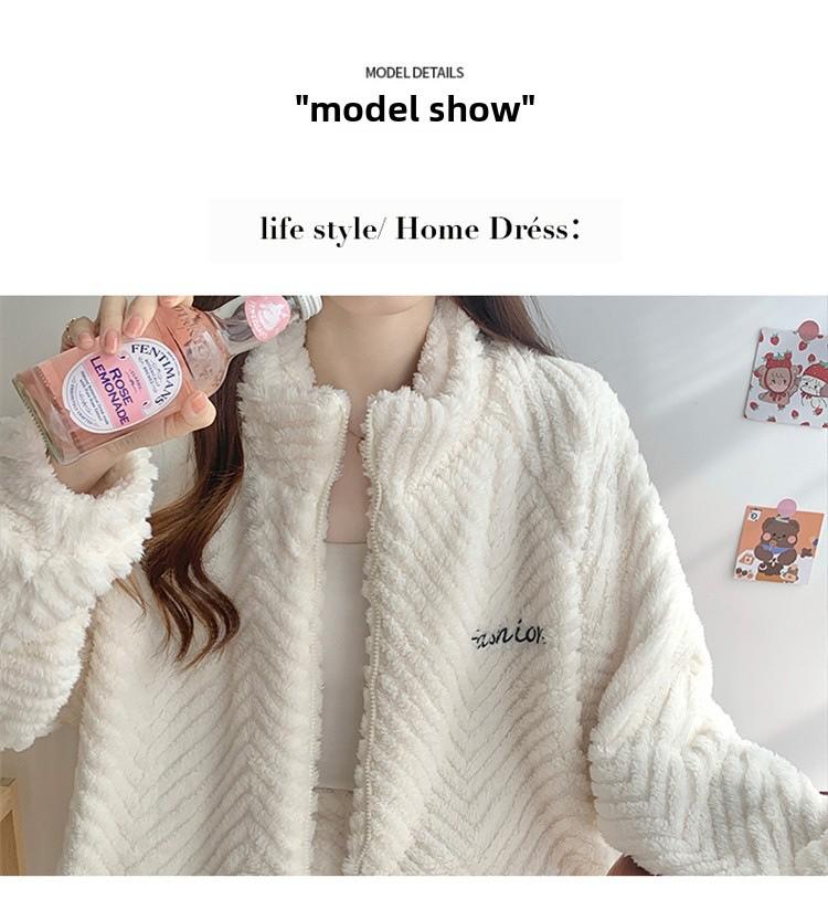 Pijamale Jacquard din Fleece Coral pentru Femei: Cardigan drăguț, călduros, cu guler înalt cu fermoar pentru toamnă și iarnă