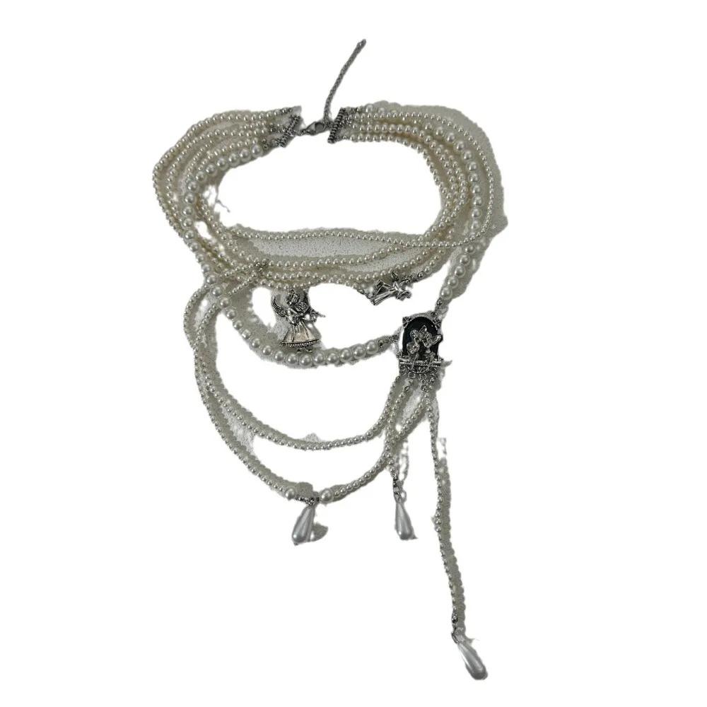 Temperament Angel Queen Multi-layer Layering Fold Wear Teardrop-shaped Tassel Imitation Pearl Beaded Necklace for Women Jewelry