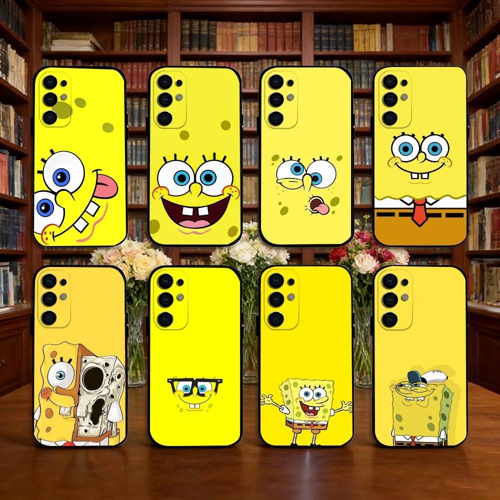 C-Cute Yellow Cartoon Sponge Phone Case Black Silicone Soft For Samsung S25,S24,S21,S22,S23,S30,Ultra,S20,Plus,Fe,Lite
