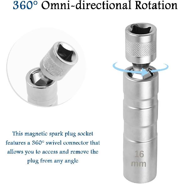 16mm 5/8" Spark Plug Socket with 3/8" Drive,12 Points Magnetic Spark Plug Tool with Thin Wall Design for Removing Glow Plugs,360° Rotatable Car