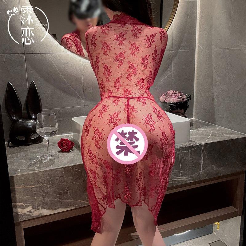 Sex underwear mesh perspective sex suit sexy lace long nightgown large size mood