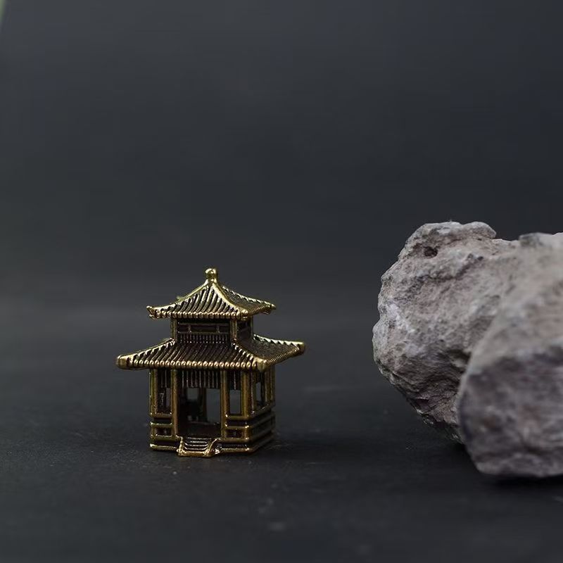 Retro Brass Chinese Ancient Architecture Miniature Model Micro Landscape Rockery Ancient Pavilion Bonsai Fishtank Ornament Decor