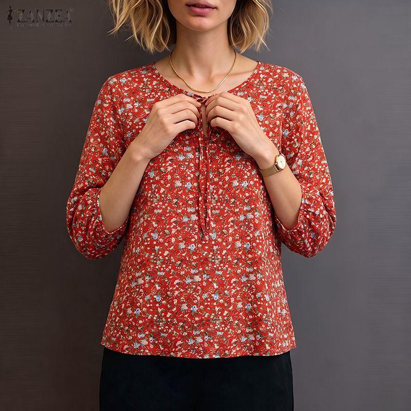 ZANZEA Women Elegant Round Neck Loose 3/4 Sleeve Floral Print Blouse