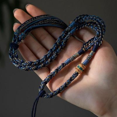 Tibetan Eight Treasures Compass Necklace with Braided Rope and Mantra Thangka Pendant