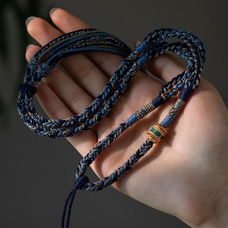 Tibetan Eight Treasures Compass Necklace with Braided Rope and Mantra Thangka Pendant