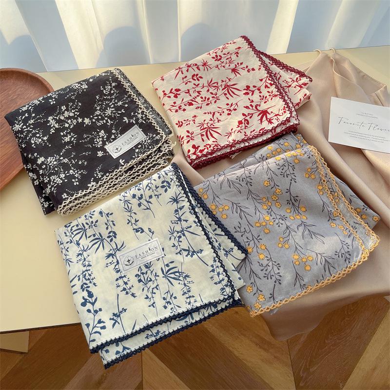 Women's Retro Floral Silk Cotton Scarf: Black Rice Square, Hair Band, Neck Warmer, Headscarf - Spring/Summer.