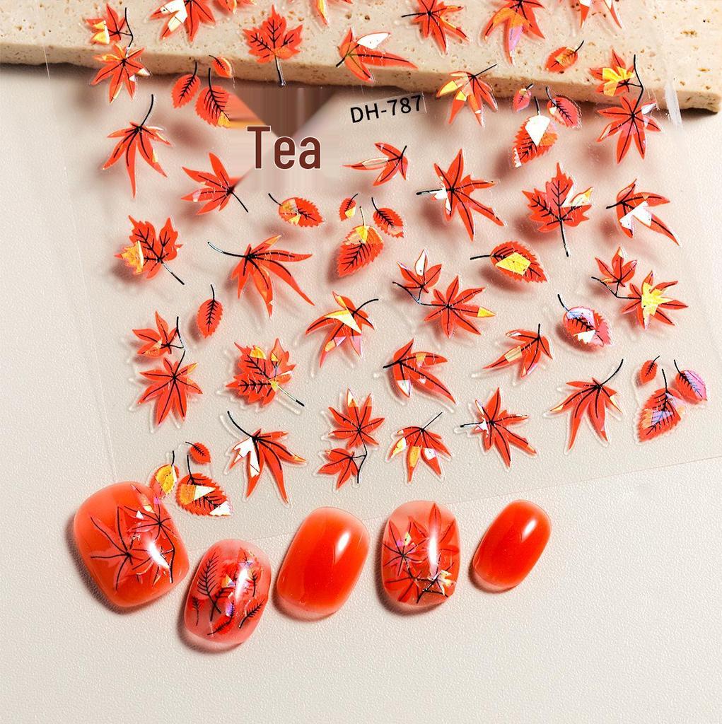 Caramel Red Maple Leaf Adhesive Nail Stickers - Autumn/Winter Fire Red Decor