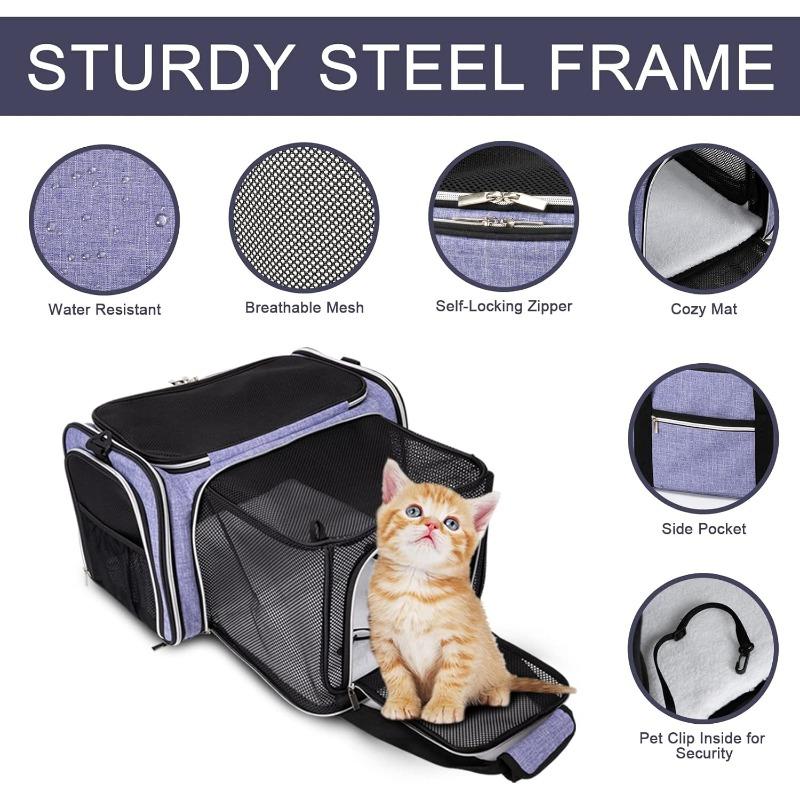 Airline Approved Cat Carrier Bag Soft Side Pet Travel 5 Sides Open Doors 3 Sides Expandable Foldable Dog Carrier with Fleece Pad