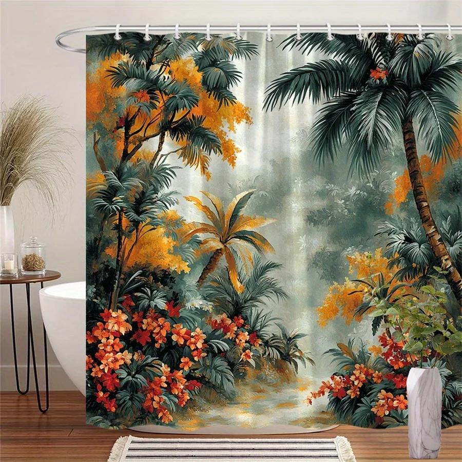 1pc Tropical Jungle Shower Curtain - Vibrant Palm Trees, Hibiscus Flowers & Colorful Blossoms Design, Durable Polyester Fabric, W90xH180cm
