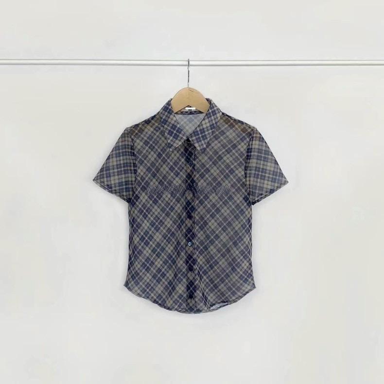 

Американские винтажные клетчатые рубашки, уличные женские летние новые модные облегающие блузки, готические Y2k, короткие топы с лацканами для девочек, Mujer XS синий