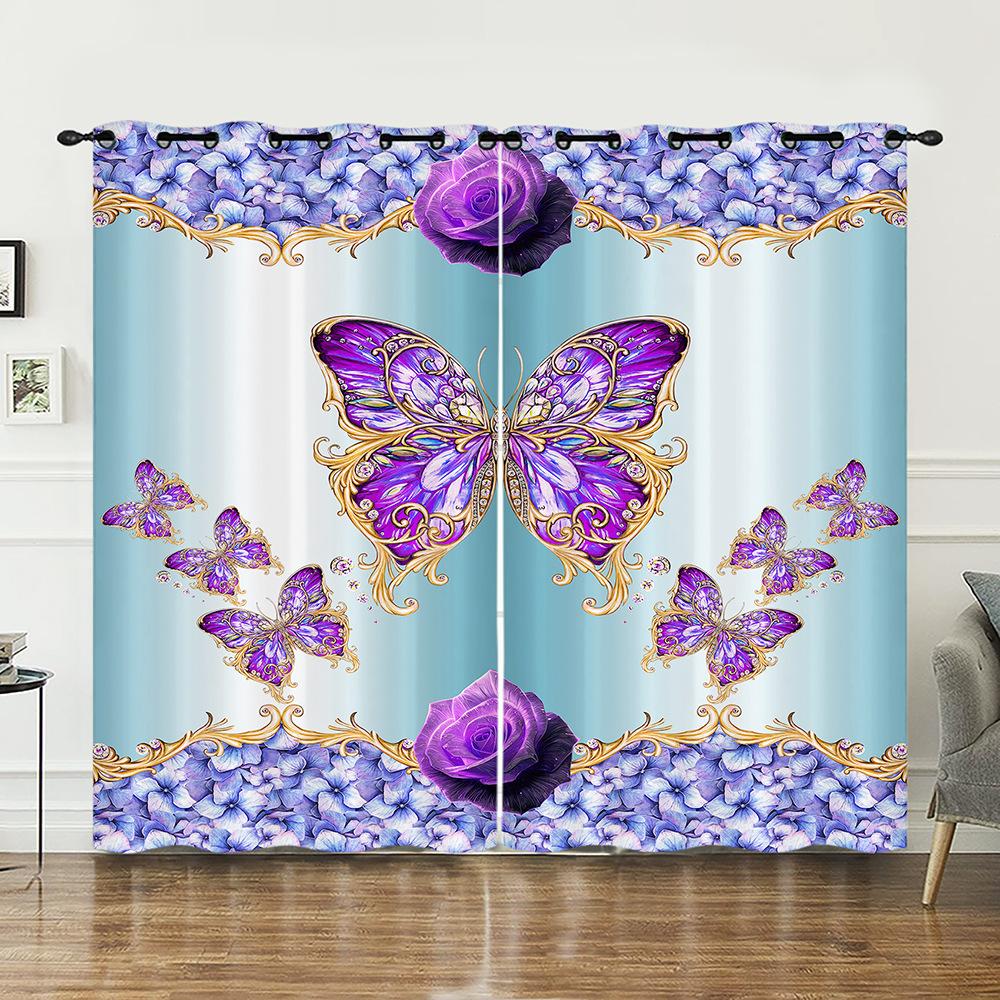 Curtain Butterfly 3D Sunshade Digital Printing Curtain Bedroom Blackout No Punching Curtain