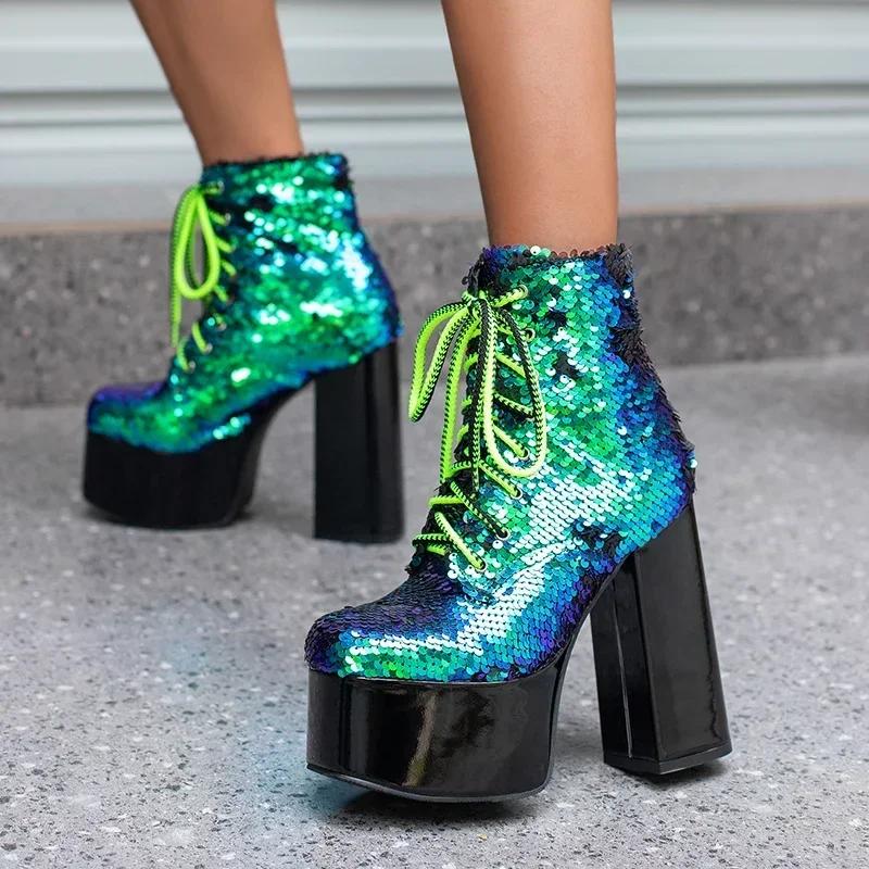 Gold Glittering Sequined Cloth Platform Ankle Boots Women High Heel Square Toe Winter Ladies Christmas Lace-up Green Short Boots