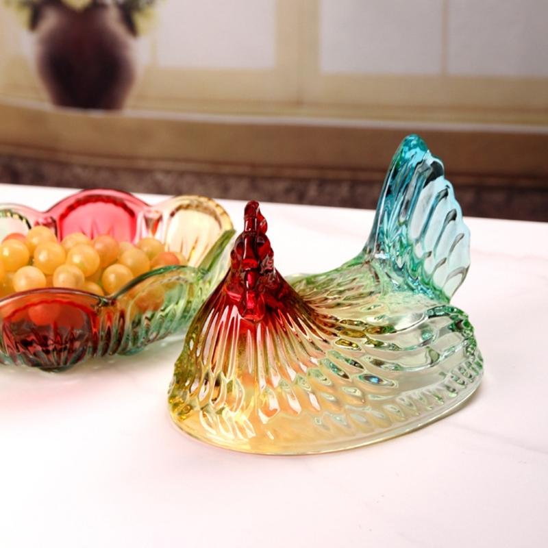 Plat à bonbons en verre cristal forme poulet, Bol à bonbons rétro avec couvercle, Assiette à dessert Bol à snacks Ornement pour décorations de maison