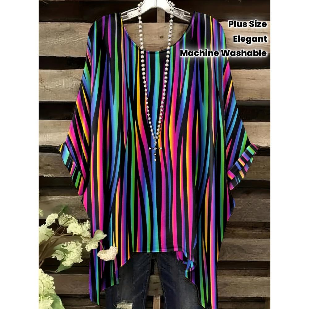 Women's Stripe 3D Print Gradient T-Shirt Casual Fashion Vacation Tops Female Irregular Hem O-Neck Short Sleeve Women's Clothes