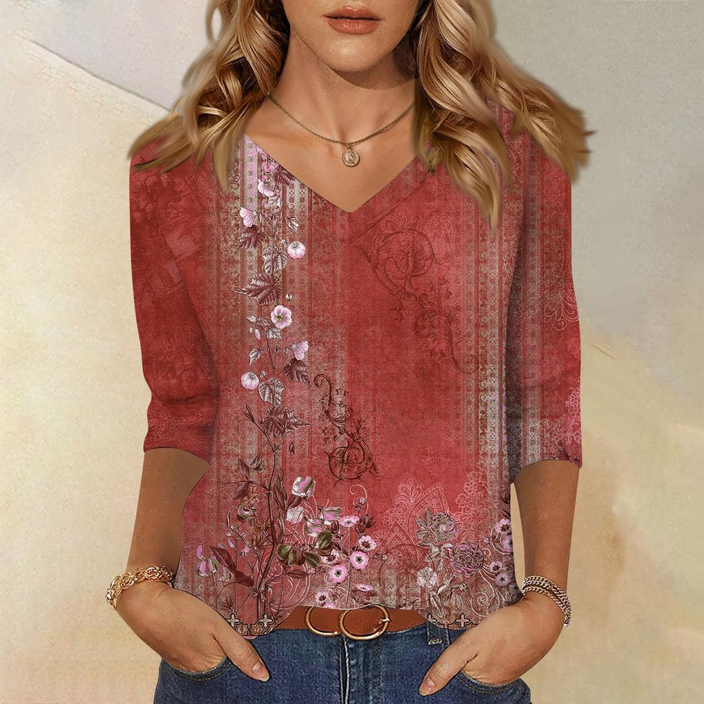 3/4 Sleeve Shirts For Women Cute Print Graphic Tees Blouses Casual Plus Size Basic Tops Pullover