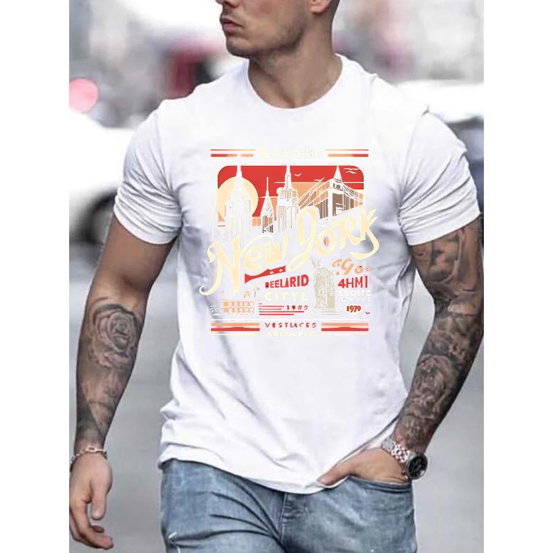 Moda Masculina de Verano Patrón Estampado Camiseta de Manga Corta Estampado de Letras, Casual, Cuello Redondo