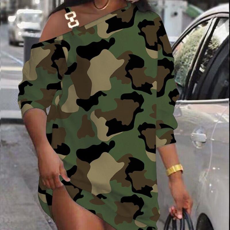 BITCED Damen Langarm Herbst Bedruckt Metallknöpfe Schräge Schulter Ausschnitt Knopfkleider