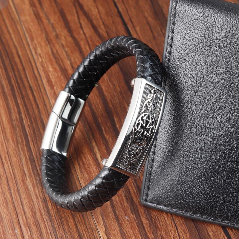 Black Color Cross Pattern Alloy Buckle Genuine Leather Bracelet For Men Stainless Steel Fine Jewelry Sculpture Bracelet