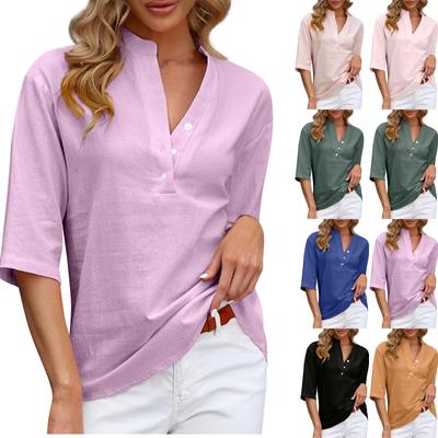 Modisches und sexy Damen-Sommerhemd in Volltonfarbe, lässiger Pullover, Fünfviertelärmel, lockeres Hemd in großer Größe