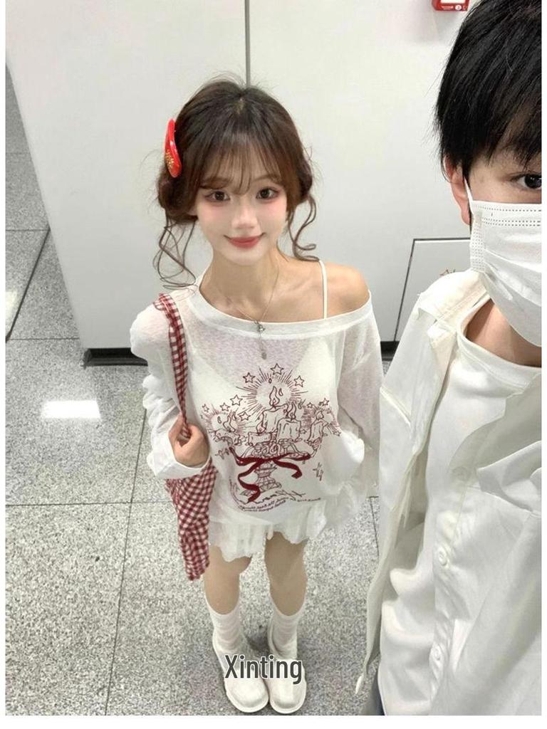 White Off-Shoulder Graffiti Print Long-Sleeve Blouse with Drawstring