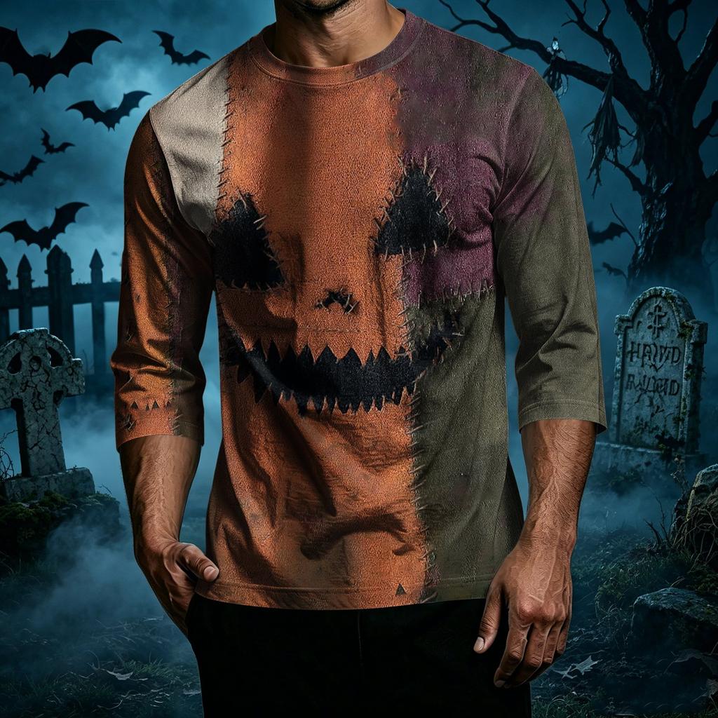 Men Casual Halloween Print Crew Neck T Shirt Three Quarter Sleeve Top Patchwork Style Comfortable Fit Lightweight Fabric