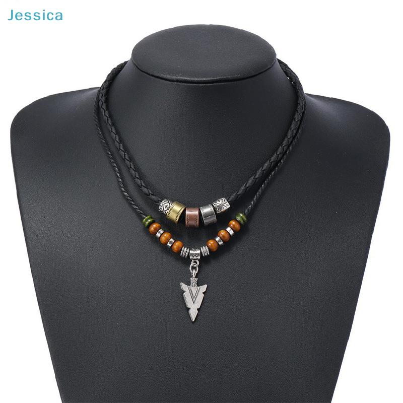 Vintage Arrow Pendant Layered Necklace - Black Braided Leather Chain with Mixed Beads,Retro Boho Style Jewelry for Men/Women