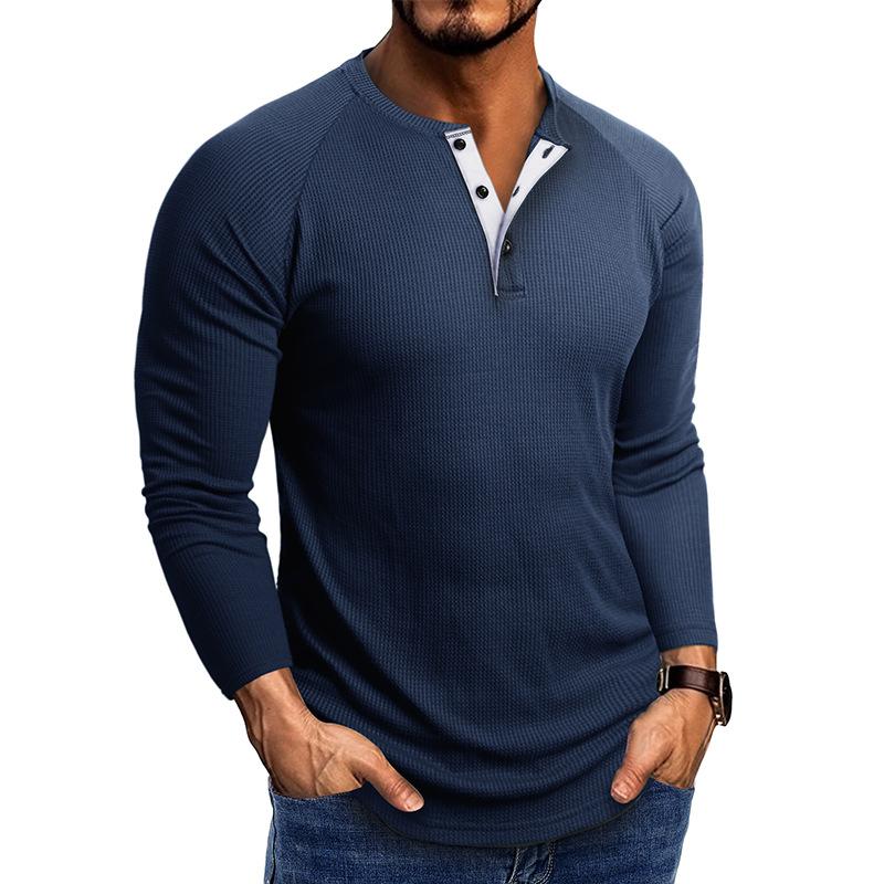 Men Casual Waffle Knit Henley Long Sleeve T Shirt