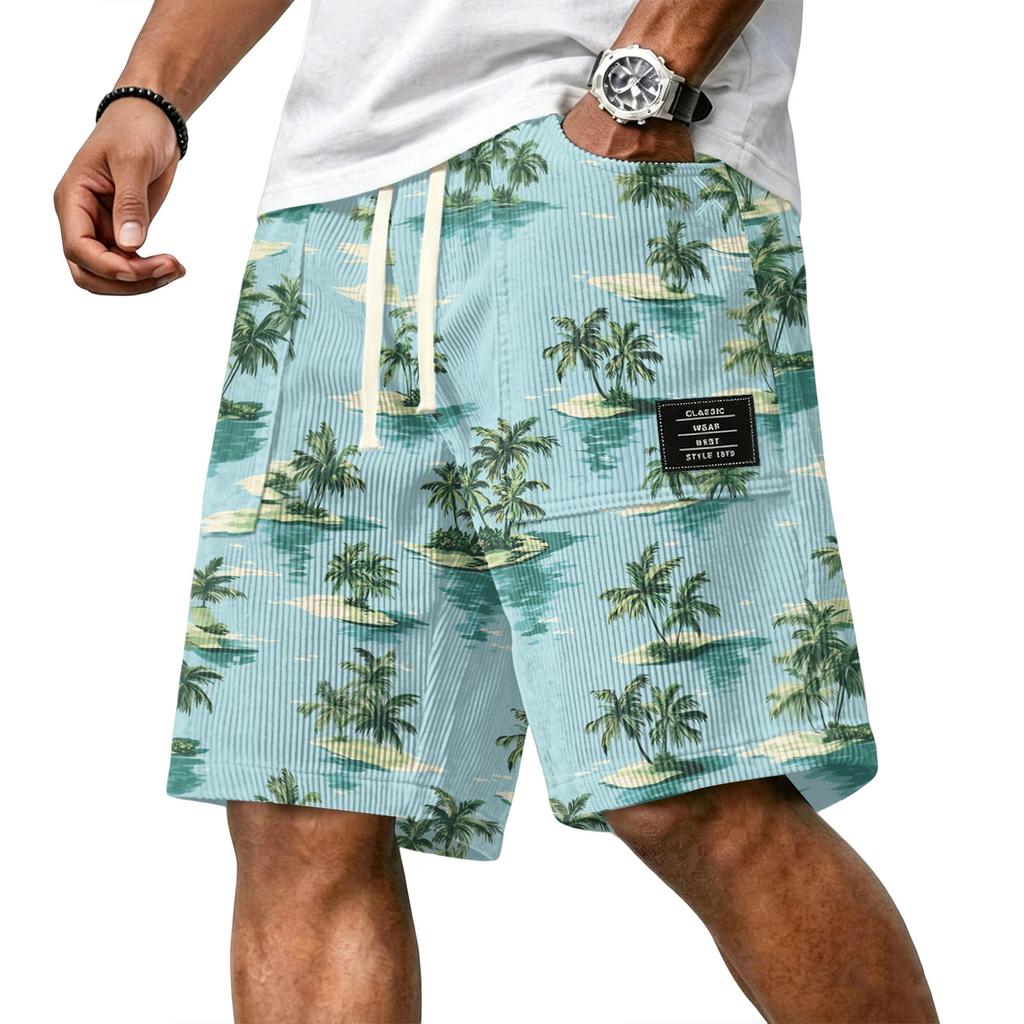 Men Casual Corduroy Drawstring Shorts Hawaiian Style Lightweight Breathable Beachwear with Pockets Comfortable Fit