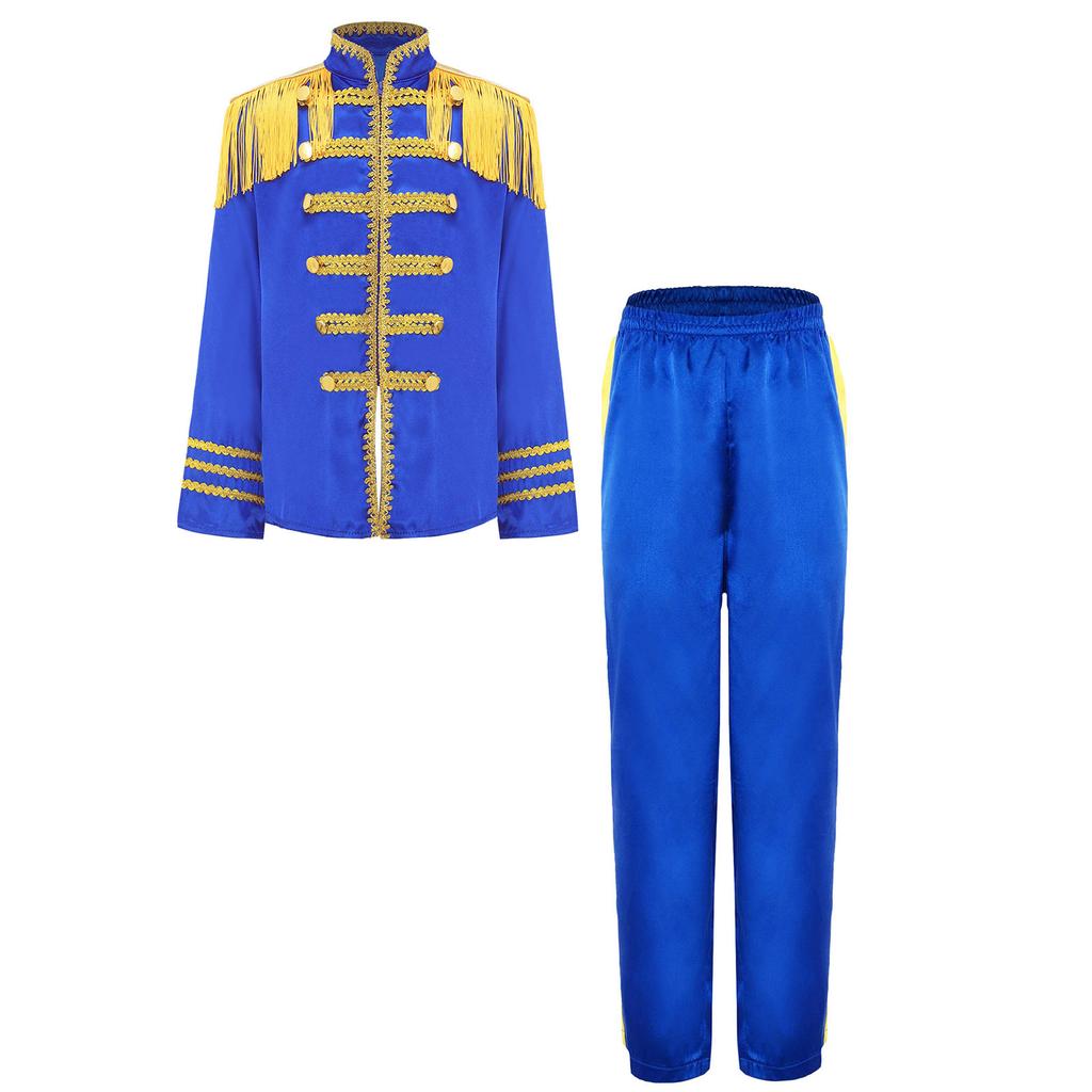 Kids 1960s British Star Costume Long Sleeve Gold Lace Decoration Fringe Rock Band Musician Shirt Pants Set