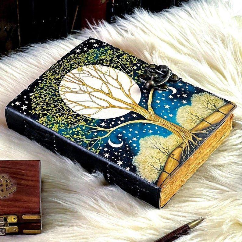 Large Tree of Life Leather Grimoire Journal: Blank Book of Shadows