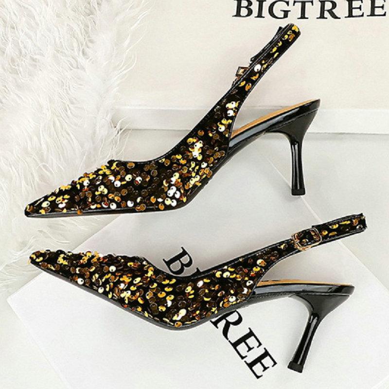 Euro-American Style Party High-Heeled Women'S Shoes With Empty Pointy Back Hollowed Out Back Strap Sequin Single Shoes