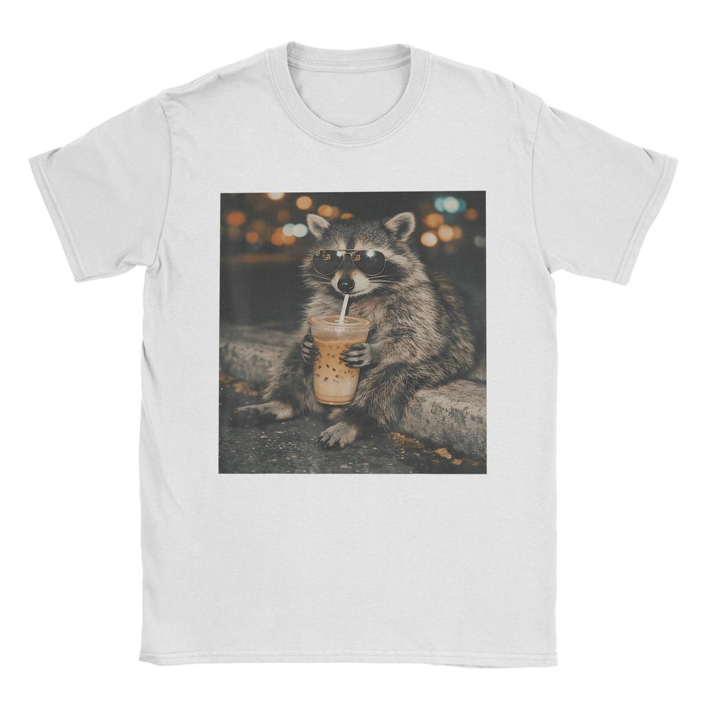 Raccoon Drinking Iced Coffee Funny Animal Meme Cotton TShirt For Mens Beach TShirts ONeck Tee Shirt Oversized Cheap Tops