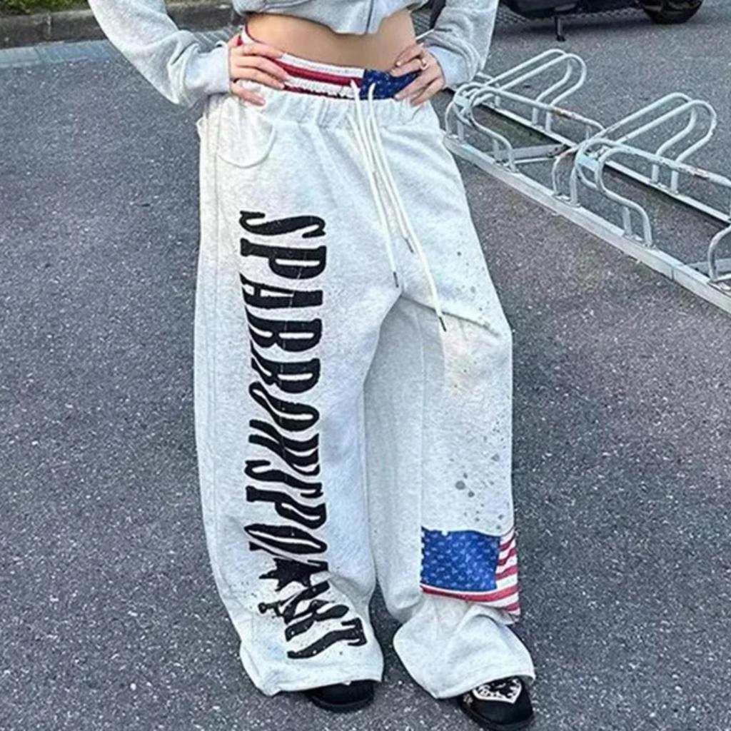 VIONA Y2K College American Hip-hop Goth Print Drawstring Wide Leg Sweatpants Loose 90s High Street Sports Trousers Floor Length Pants