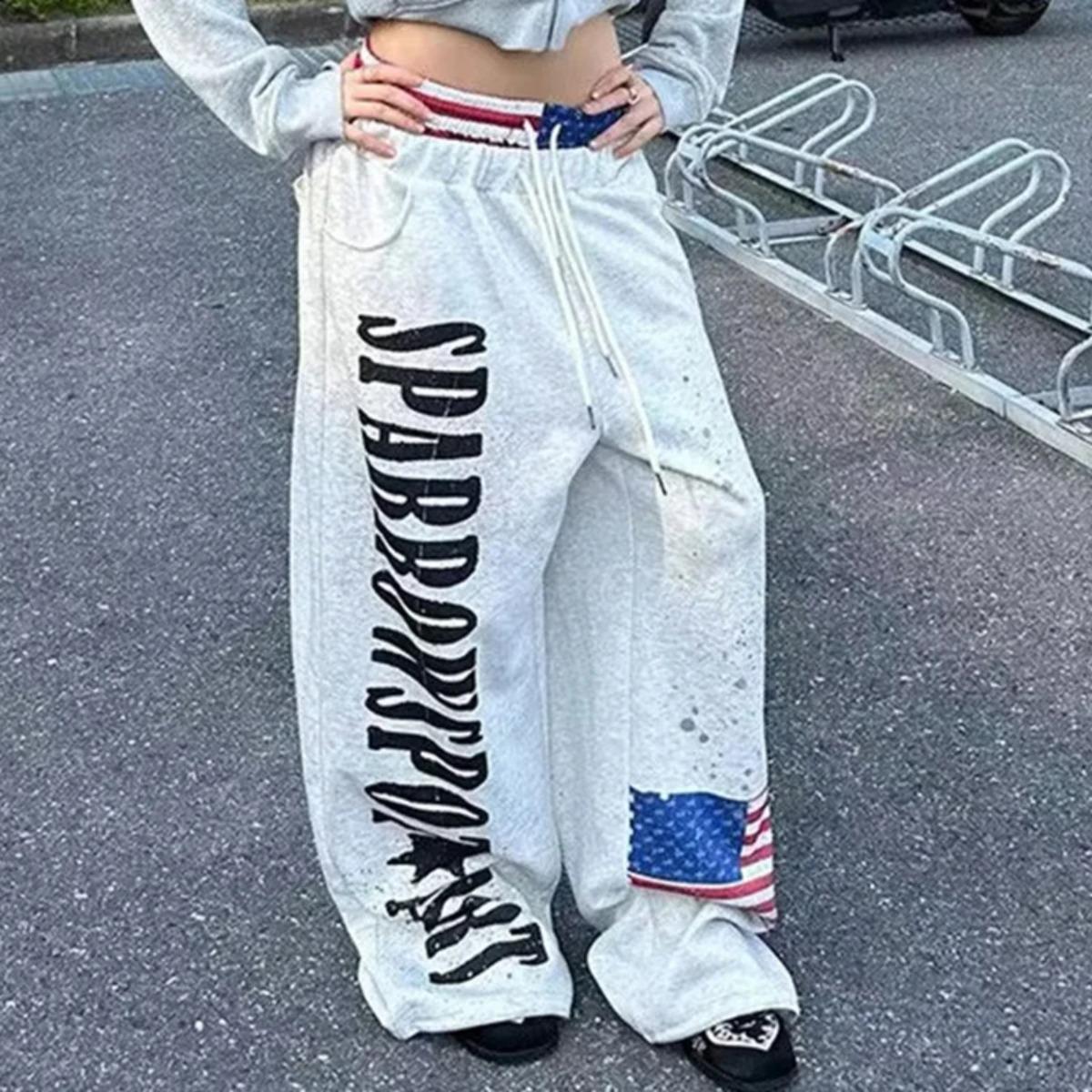 Y2K College American Hip-hop Goth Print Drawstring Wide Leg Sweatpants Loose 90s High Street Sports Trousers Floor Length Pants S