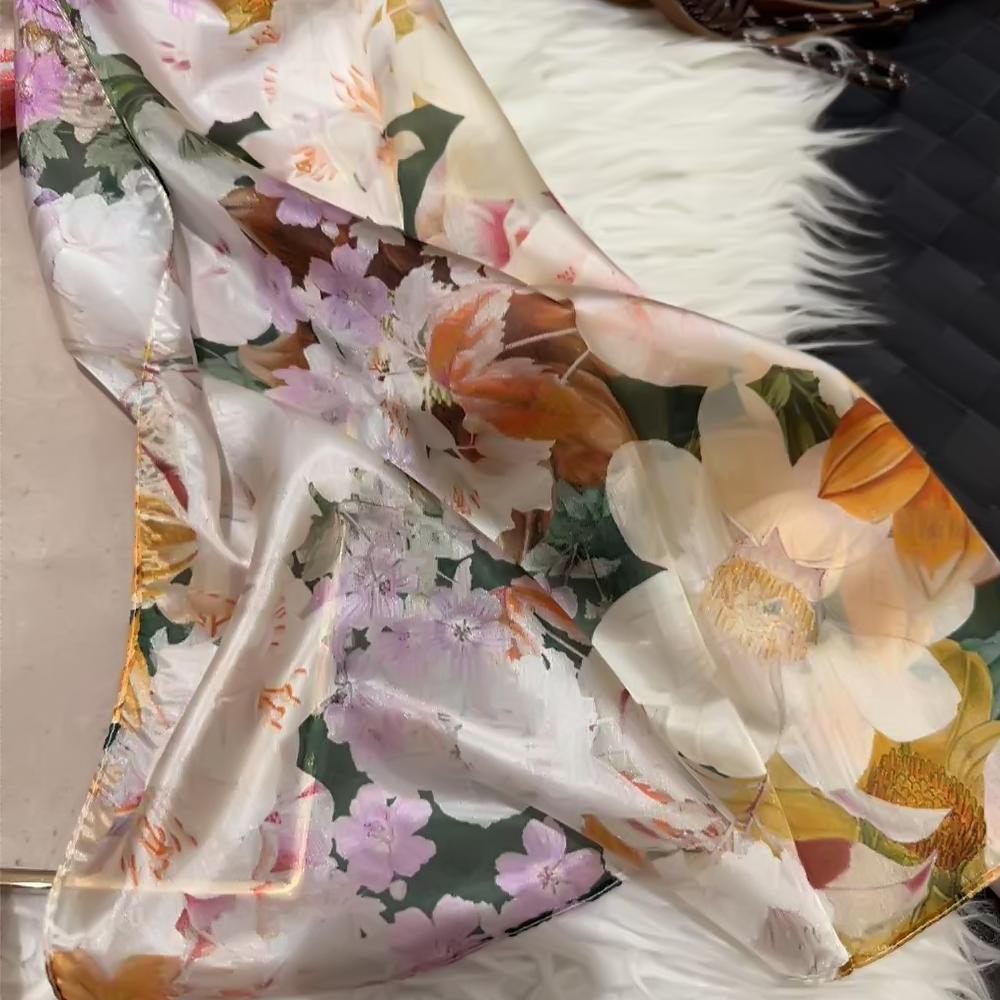 Bysifa|Beige Blue Silk Scarf Shawl Women Floral Print Scarf Cape Fall Winter 100% Mulberry Silk Long Scarves Summer Beach Shawls