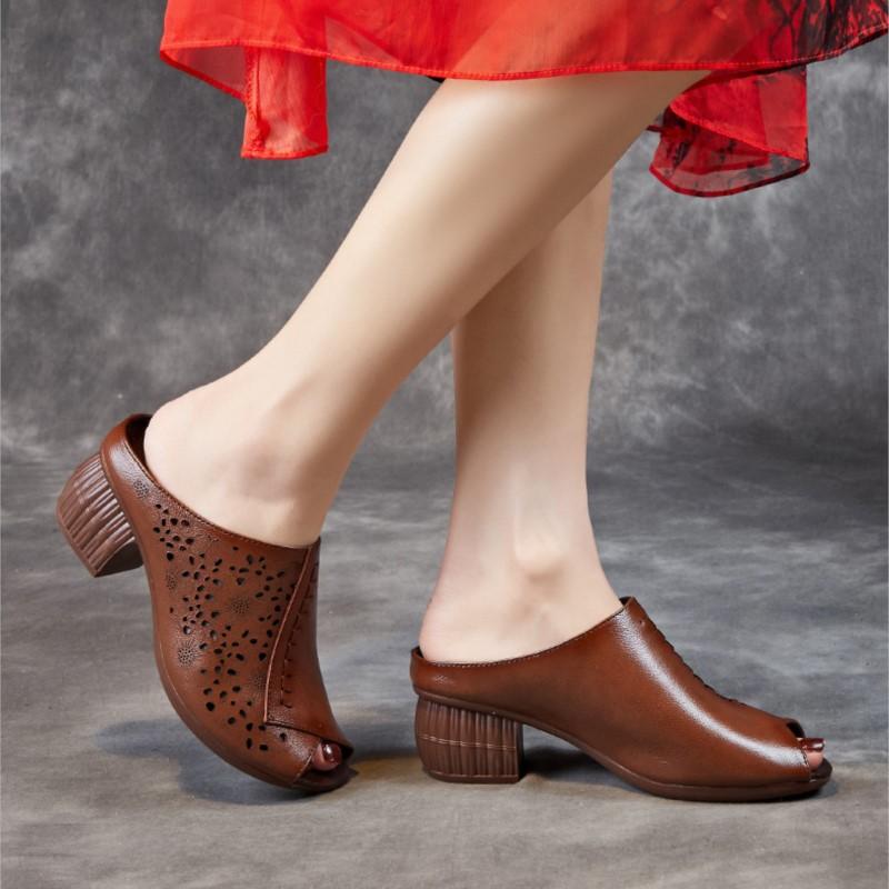 Johnature Retro Peep Toed Versatile Slippers Genuine Leather Hollow-out Breathable Kitten Heels Women's Sandals