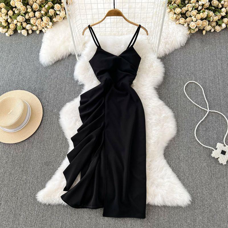 

High Waist Vintage Ruffled Side Split Dress Sling Black M