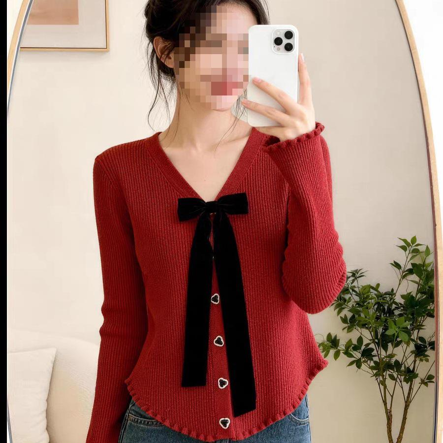 Plus Size Women's Bow Collar Knit Cardigan for Autumn/Winter - Sweet, Age-Reducing, Black/Red/Apricot