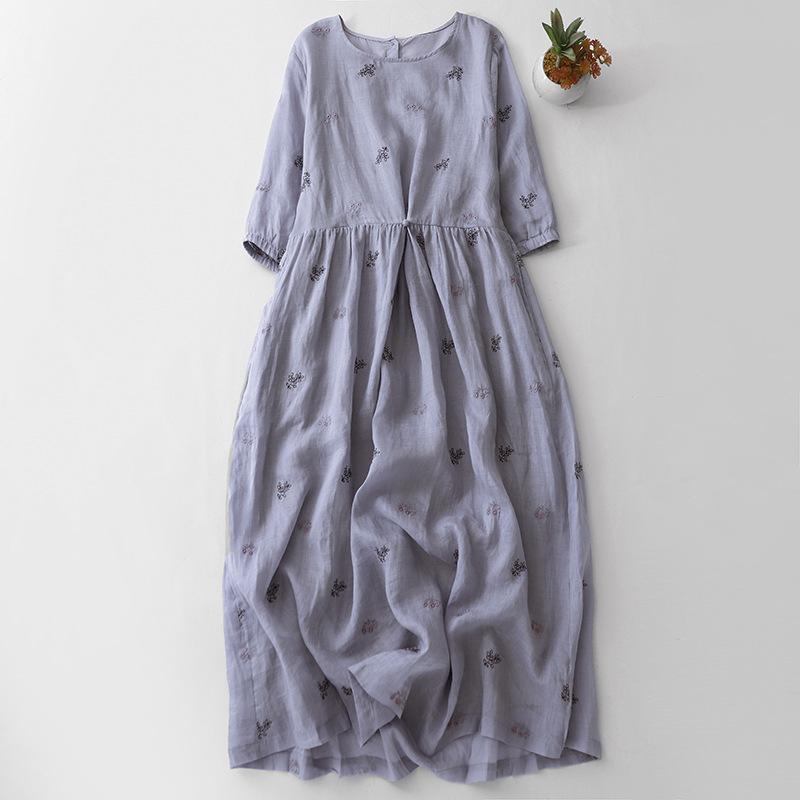 

2025 лето новое свободное платье большого размера с качелями детское вышитое платье из хлопка и льна с круглым вырезом и рукавами семь четвертей L