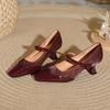 Xiaoxiangfeng Mary Jane Shoes Magic Buckle with Square Head High Heels Thin Heel Spring and Autumn Splicing French Medium Heel Single Shoes