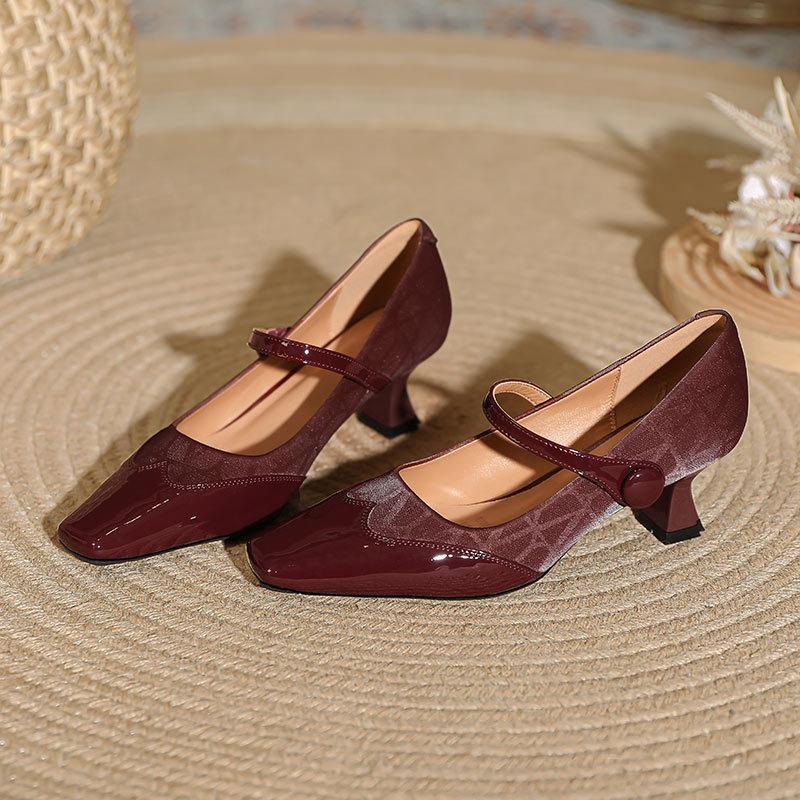 Xiaoxiangfeng Mary Jane Shoes Magic Buckle with Square Head High Heels Thin Heel Spring and Autumn Splicing French Medium Heel Single Shoes
